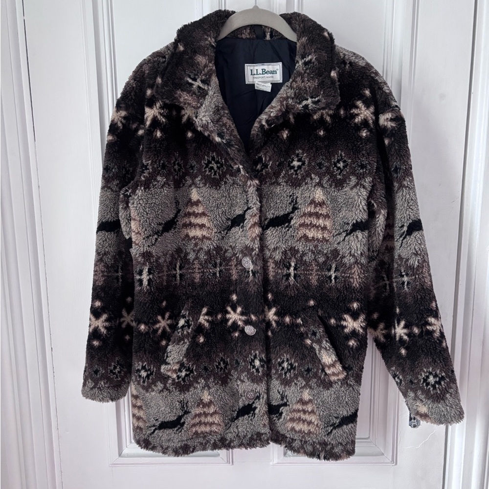 Vintage 90’s LL Bean Nordic Reindeer Button Front Fleece Jacket Size Small